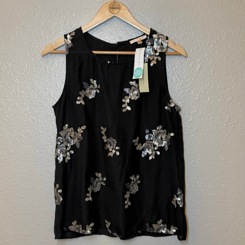 Skies Are Blue Sleeveless Blouse Nikolai Floral Sequined Stitch Fix Black Small - Picture 8 of 9